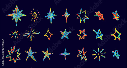 Set of colorful chalk drawing stars. Shine or sparkle doodle collection. Children style rainbow wax pencil handdrawing elements of night sky. Vector crayon scratch grunge texture star shapes
