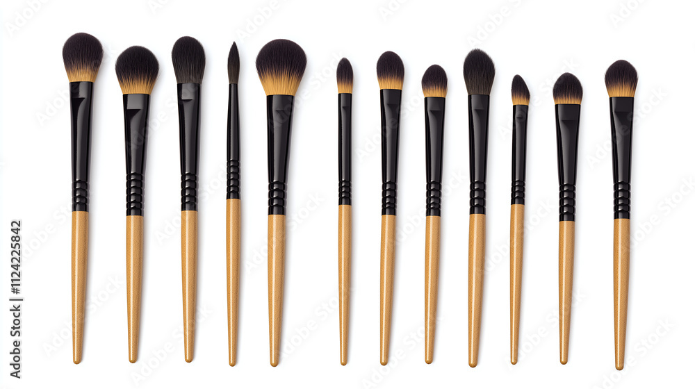 Set of brown makeup brushes displayed neatly on a white background, isolated on a white background, copy space for text, mock up Set of brown makeup brushes displayed neatly on a white background, isolated on a white background, copy space for text, mock up