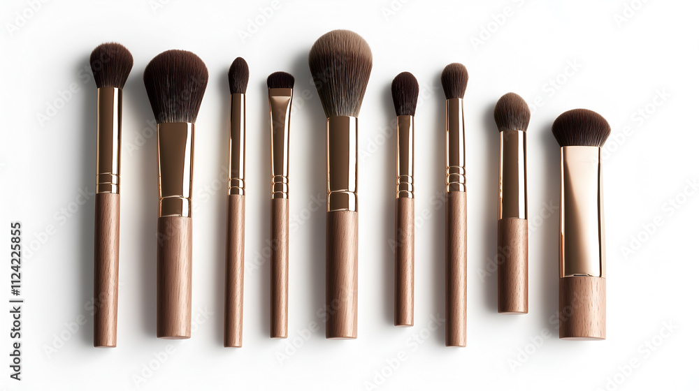 Set of makeup brushes displayed neatly on a white background, isolated on a white background, copy space for text, mock up Set of makeup brushes displayed neatly on a white background, isolated on a white background, copy space for text, mock up