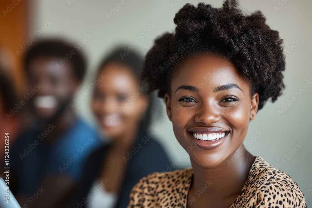 Smiling woman engages in lively discussion during group meeting in a well-lit, casual setting Smiling woman engages in lively discussion during group meeting in a well-lit, casual setting
