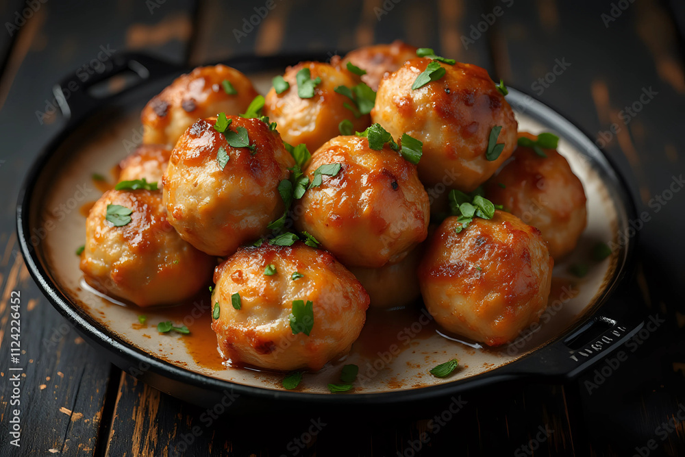 Chicken Meatballs with glaze on black wooden background. Chicken Meatballs with glaze on black wooden background.