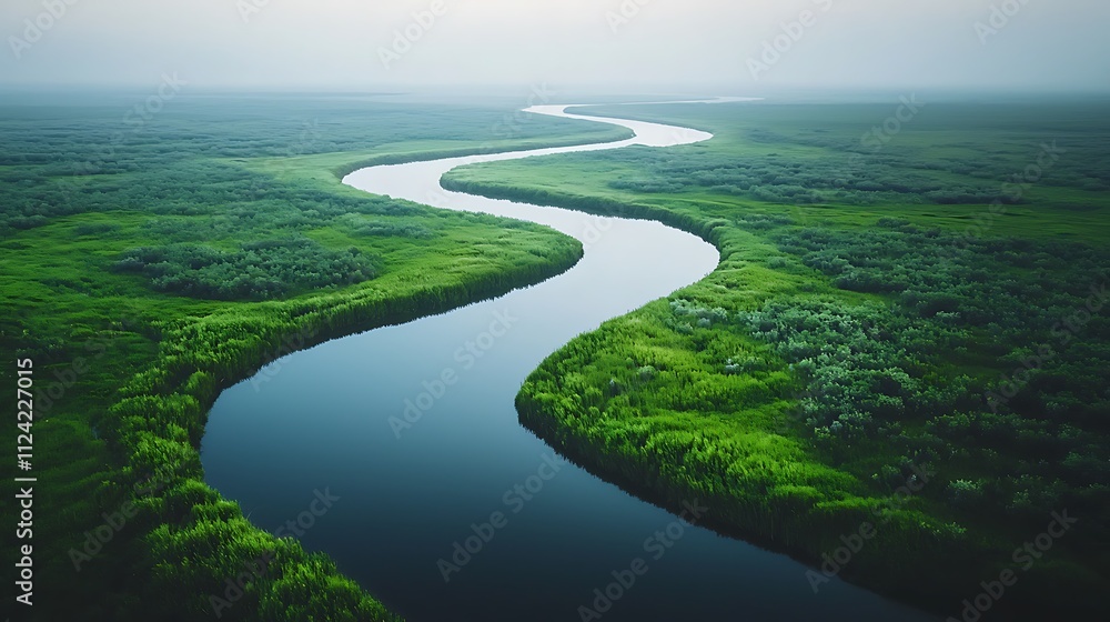 River Flows Serpentine Through Lush Green Landscape River Flows Serpentine Through Lush Green Landscape
