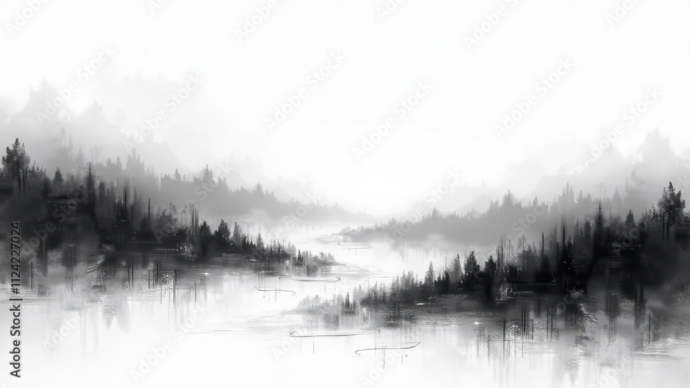 Fototapeta premium Pixelated noise overlays.Abstract glitch art landscape with smooth gradients, featuring a pixelated halftone texture. Seamlessly blended white and black, evoking a sense of retro tech.