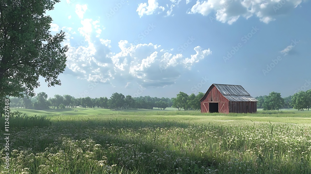 Red Barn Stands in Serene Field, Summer Day Red Barn Stands in Serene Field, Summer Day