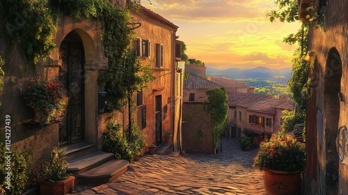 Fototapeta Naklejka Na Ścianę i Meble -  Charming Italian village bathed in the golden light of sunset. Cobblestone streets, terracotta roofs, and lush greenery create a picturesque scene.