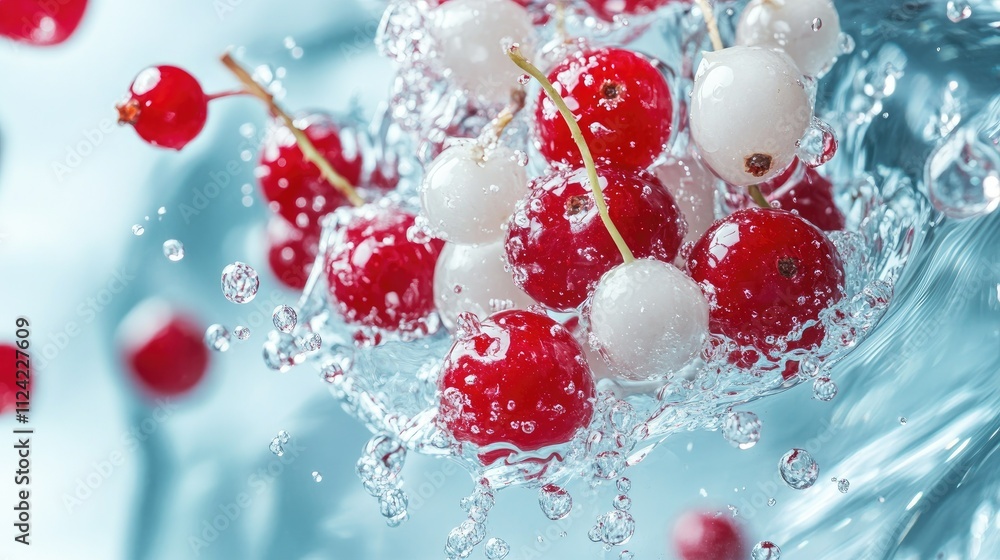 Floating red and white berries surrounded by clear splashes of water, evoking a sense of freshness and vitality Floating red and white berries surrounded by clear splashes of water, evoking a sense of freshness and vitality