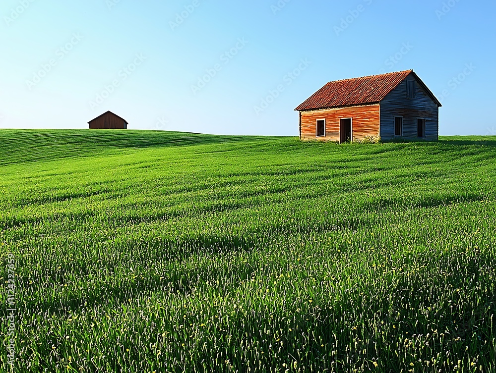 Old Barns Stand in Verdant Field, Sunny Day Old Barns Stand in Verdant Field, Sunny Day