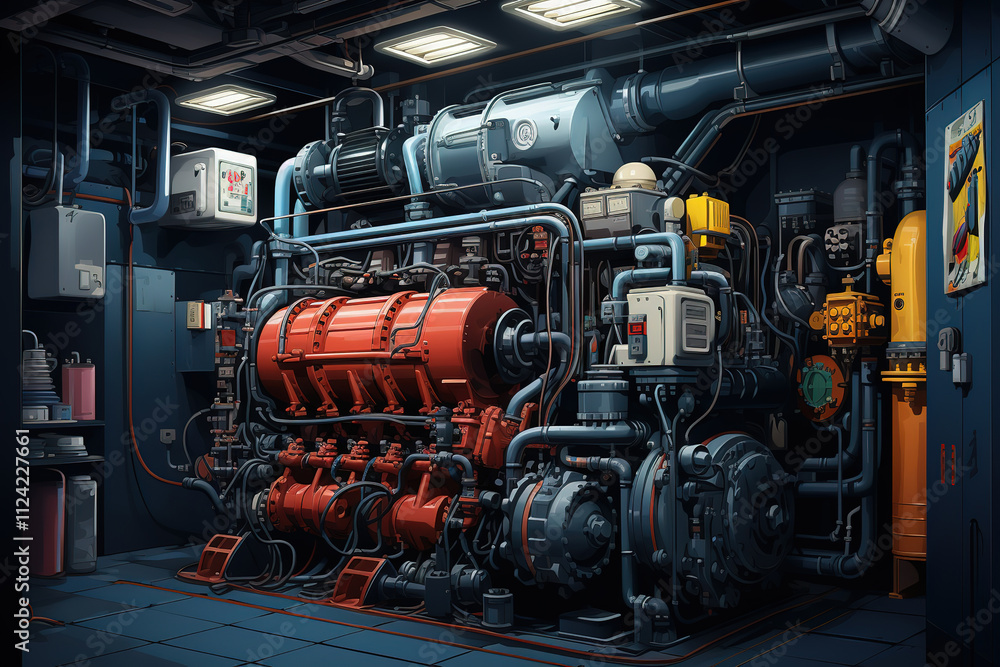 Fototapeta premium Robust marine diesel engine generator system in ship engine room