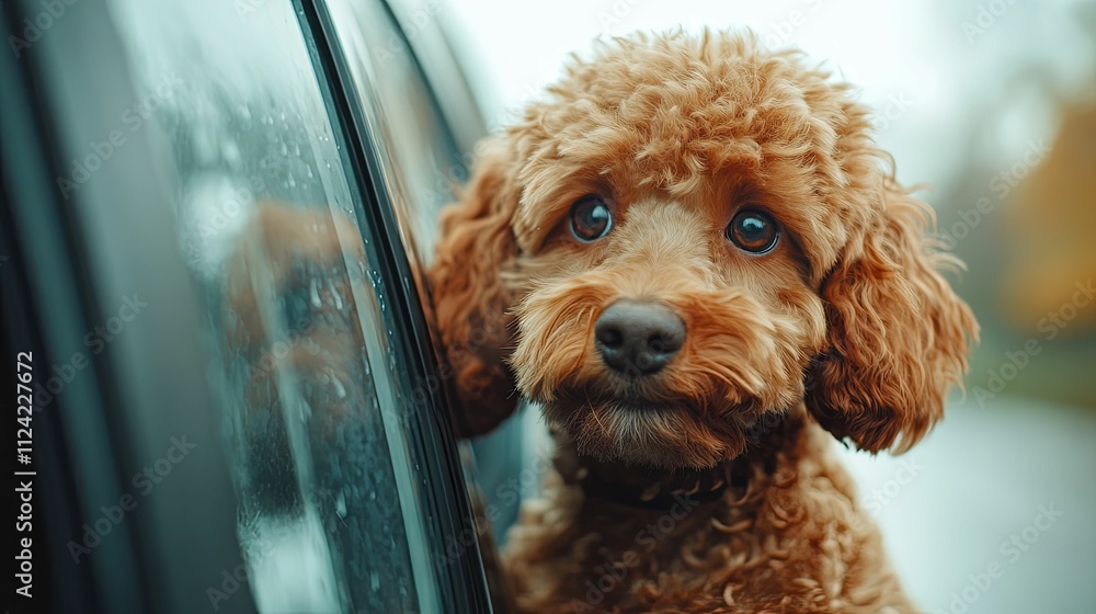 Adorable Red Poodle Puppy Peeking From Car Window Adorable Red Poodle Puppy Peeking From Car Window