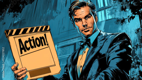 Confident man holding clapperboard at night film set