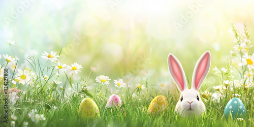 Wallpaper Mural Cute rabbit in grass with Easter eggs. Easter background. Generated AI. Torontodigital.ca