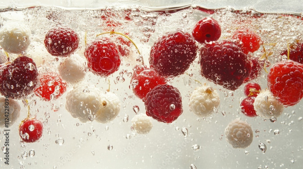 Fresh mixed berries, red and white, suspended in air amidst glistening droplets of water in a clean aesthetic setting Fresh mixed berries, red and white, suspended in air amidst glistening droplets of water in a clean aesthetic setting