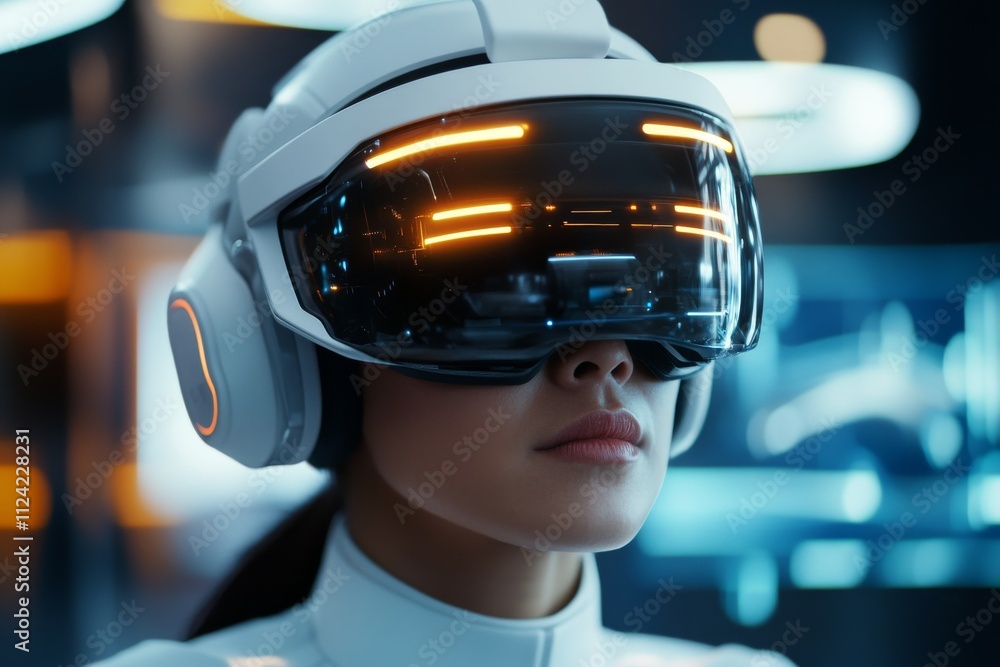 Virtual reality experience in a futuristic setting with a woman wearing a high-tech headset Virtual reality experience in a futuristic setting with a woman wearing a high-tech headset