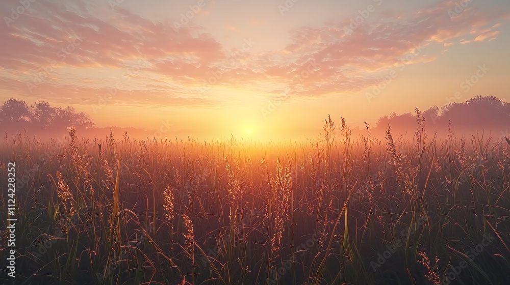 Sunrise Paints Grass Field in Golden Hues Sunrise Paints Grass Field in Golden Hues