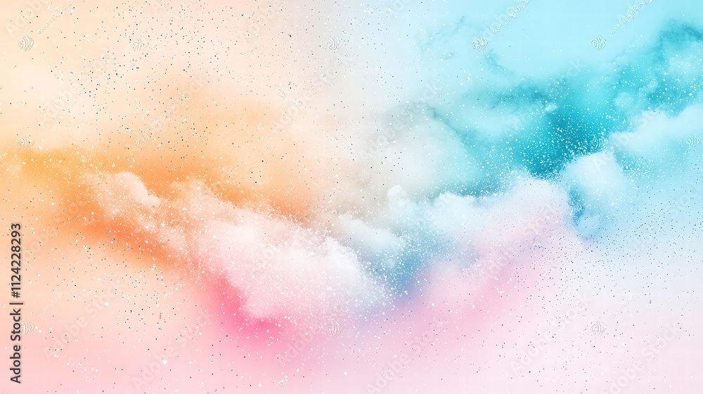 Obraz premium A dreamy abstract illustration featuring a fluid pastel gradient that flows from soft peach to light sky blue, scattered with shimmering sparkles reminiscent of fairy dust. The interplay of colors