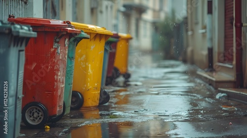 Fototapeta Naklejka Na Ścianę i Meble -  A small street with garbage cans in the city, colorful trash cans on wheels stand along an alleyway, Generative AI
