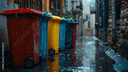 Fototapeta Naklejka Na Ścianę i Meble -  A small street with garbage cans in the city, colorful trash cans on wheels stand along an alleyway, Generative AI