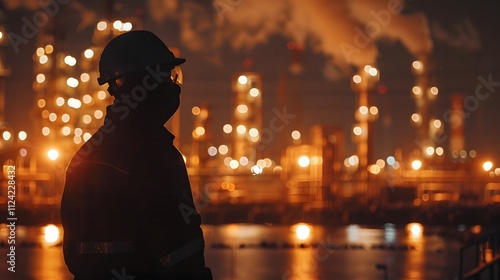 A silhouette of an engineer wearing a helmet and mask, standing in front of the background of an oil factory at night, Generative AI photo