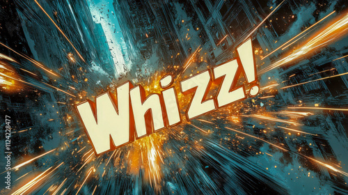 Dynamic comic style explosion with bright whizz text in urban setting