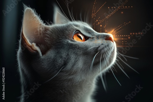 Gray cat gazes at sparkling lights in a dark room while focusing on a bright point of interest