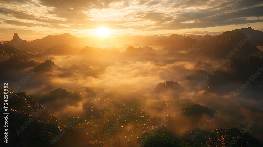 Golden Sunrise Bathes Misty Mountains in Warm Light Golden Sunrise Bathes Misty Mountains in Warm Light