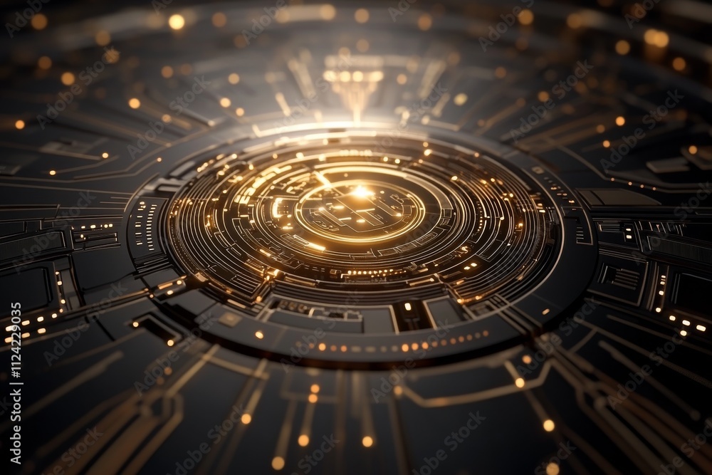 Intricate golden circuitry design illuminated by a central glow against a dark background Intricate golden circuitry design illuminated by a central glow against a dark background