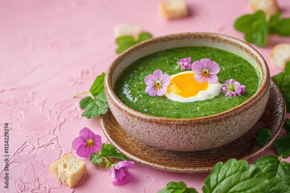 Bowl of nettle soup with quail yolk violets cream croutons and young nettle on brown tiles Pink background Healthy dish Top view Bowl of nettle soup with quail yolk violets cream croutons and young nettle on brown tiles Pink background Healthy dish Top view