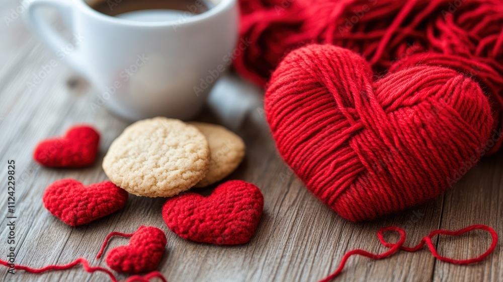 Fototapeta premium A heartwarming winter scene with coffee, cookies, and knitted red hearts symbolizes love and warmth.