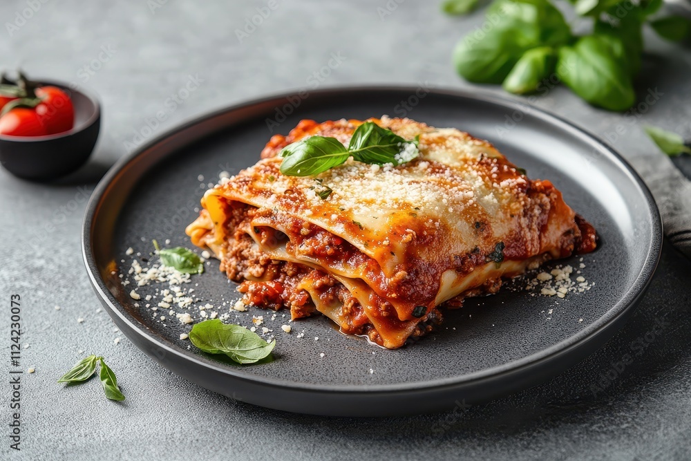 Cannelloni with meat tomato sauce and cheese on a gray plate against a gray backdrop Italian food idea Cannelloni with meat tomato sauce and cheese on a gray plate against a gray backdrop Italian food idea