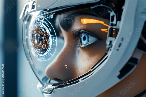 Close-up of a futuristic cybernetic helmet with advanced digital display technology reflecting in the eye photo