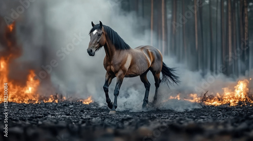 black horse is depicted in profile, its imposing silhouette highlighted against the background
