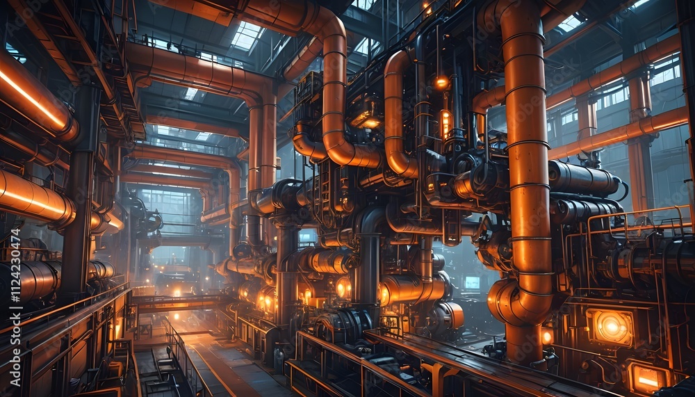 Intricate machinery system illuminated by glowing pipes in a sprawling industrial facility. Generative AI Intricate machinery system illuminated by glowing pipes in a sprawling industrial facility. Generative AI