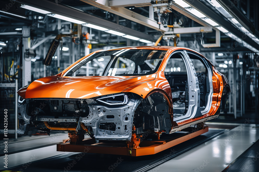 Obraz premium Interior shot of a modern automobile production line in a high-tech assembly plant