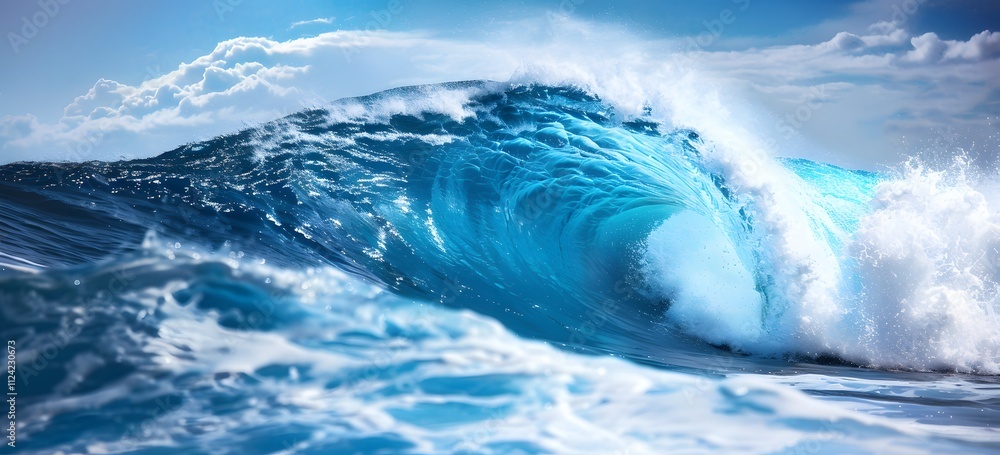 A huge blue wave, which is very powerful and beautiful, splashes in the ocean with mountains in the background, Generative AI A huge blue wave, which is very powerful and beautiful, splashes in the ocean with mountains in the background, Generative AI