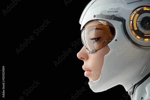 Futuristic human-like robot design with advanced helmet in profile view showcasing high-tech features and innovation photo