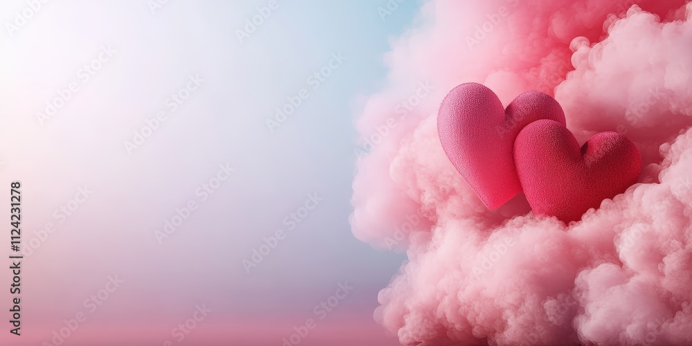 Soft Pink Clouds with Hearts in Romantic Dreamy Atmosphere Soft Pink Clouds with Hearts in Romantic Dreamy Atmosphere