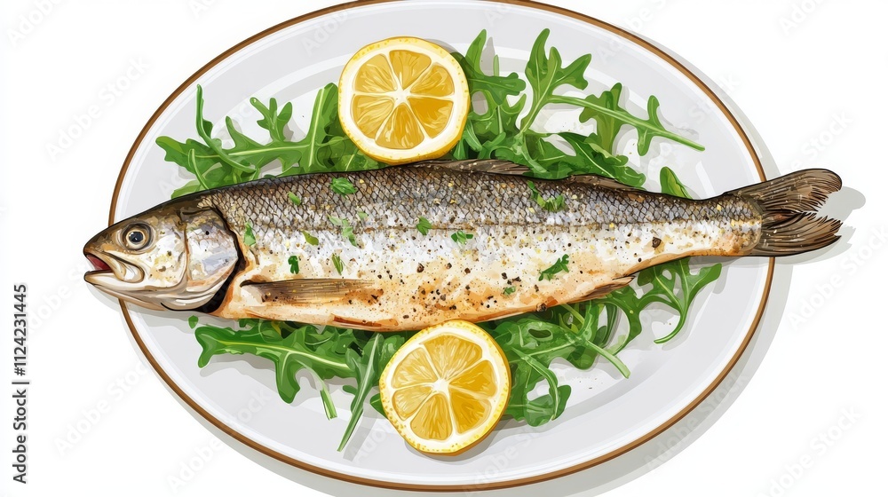 Baked fish rests on arugula and lemon slices on a plate Baked fish rests on arugula and lemon slices on a plate