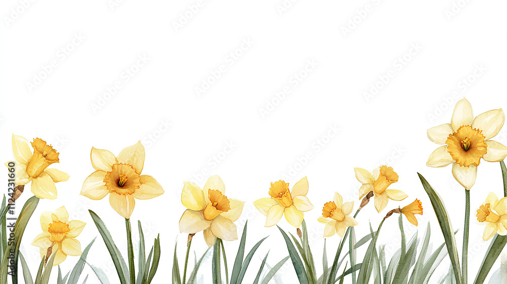 Fototapeta premium Daffodil field frame or border. watercolor illustration, Perfect for nursery art, simple clipart, single object, white color background. for greeting cards weddings or birthdays