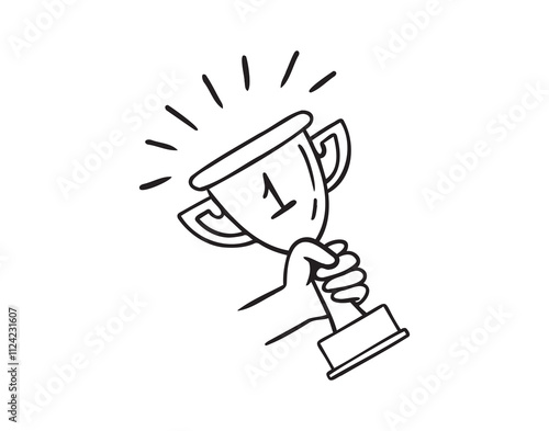 Doodle hand holds champions cup cartoon. hand drawn sketch style winner cup concept design.