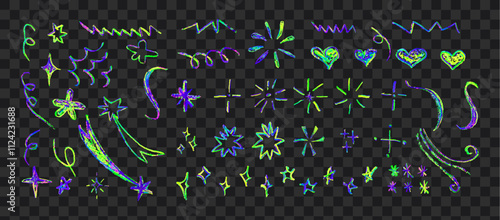 Set of colorful neon chalk drawing elements. Shine or sparkle, hearts and stars doodle collection. Children style rainbow wax pencil handdrawing elements . Vector crayon scratch grunge texture shapes