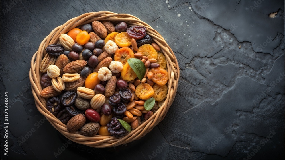 Assorted dried fruits and nuts in a wicker basket on textured dark background with copy space Assorted dried fruits and nuts in a wicker basket on textured dark background with copy space