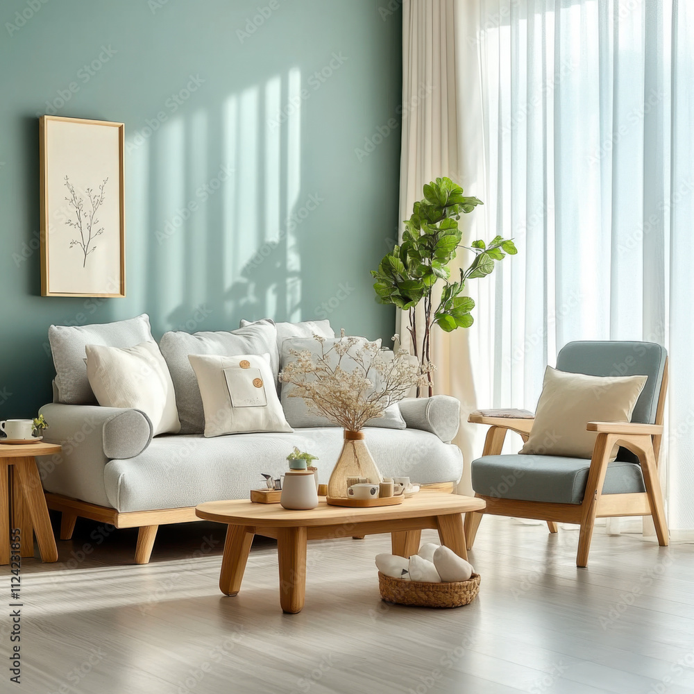 Wooden coffee table and chair. gray sofa against green wall Wooden coffee table and chair. gray sofa against green wall