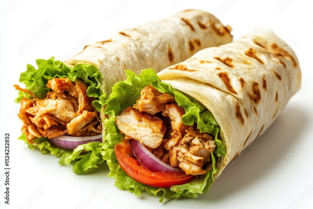 Chicken roll shawarma or doner on white background includes chicken tomato red onion and lettuce Isolated fast food Chicken roll shawarma or doner on white background includes chicken tomato red onion and lettuce Isolated fast food