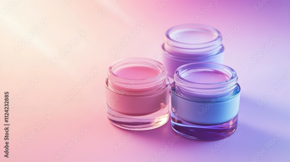 Luxurious jars of cream in pink, lavender, and blue displayed on a soft and radiant pastel gradient surface under subtle lighting Luxurious jars of cream in pink, lavender, and blue displayed on a soft and radiant pastel gradient surface under subtle lighting