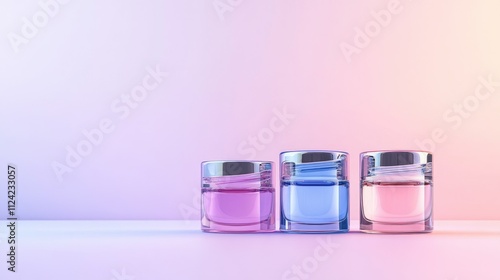 Luxurious skincare jars in pink, lavender, and blue hues placed on a smooth pastel gradient backdrop, exuding elegance and minimalism