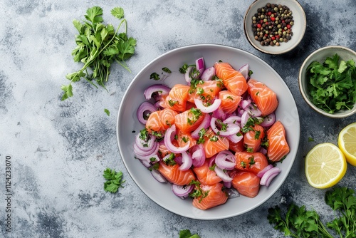 Chilean salmon ceviche Fresh salmon marinated with red onion cilantro and lemon juice Ceviche ingredients on gray surface Aerial perspective photo