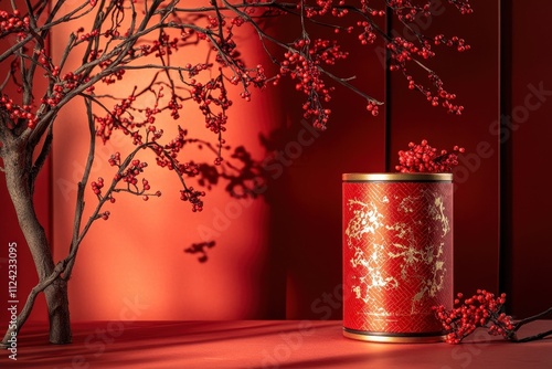 Chinese New Year display podium on red abstract background Gong Xi Fat Cai greeting photo