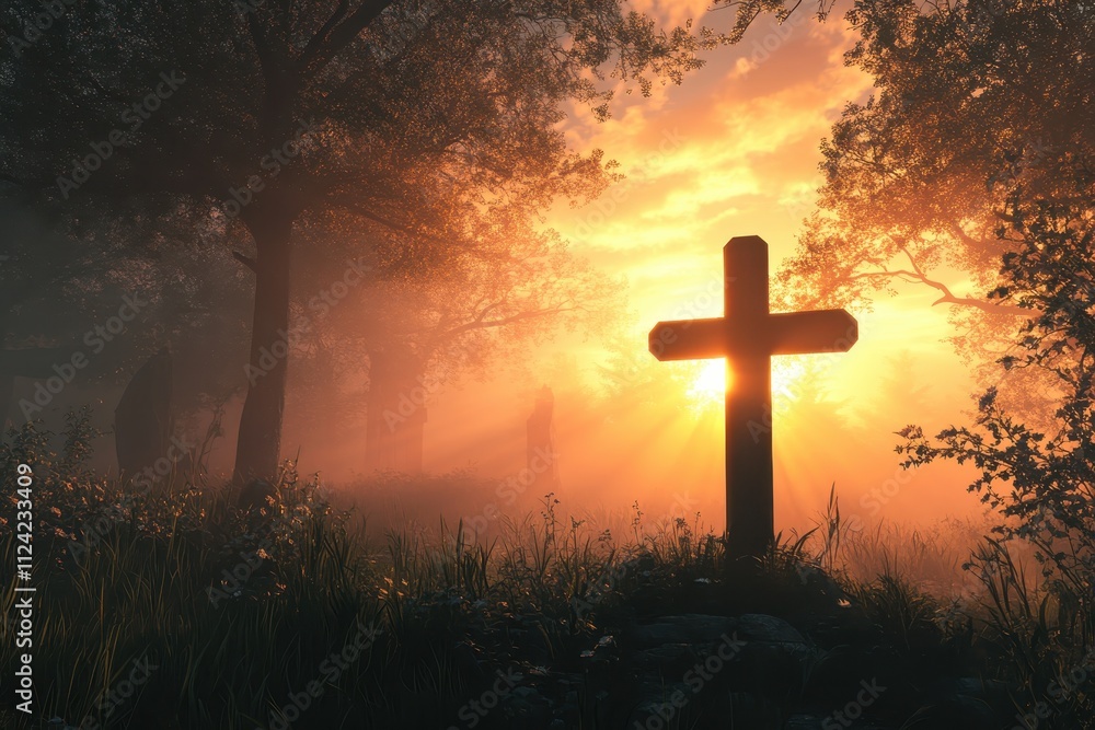 Christian cross shines against the dawn Christian cross shines against the dawn