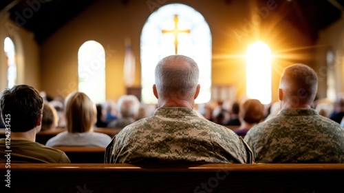 Rear view of a military officer addressing a congregation in a chapel with sunlight streaming in. photo