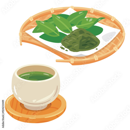 ザルに盛られた茶葉と生茶葉セット